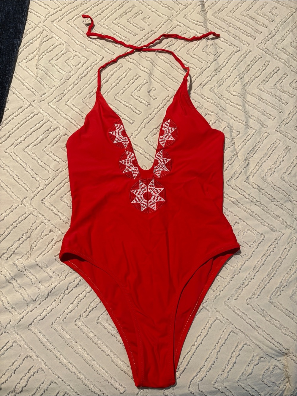Red Embroidered Halter One-Piece Swimsuit